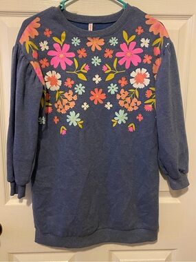 fabkids Navy Floral Sweatshirt Dress with Pink & Coral Flowers